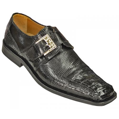 David Eden "Kay" Black Genuine Crocodile / Lizard Loafer Shoes With Monk Strap